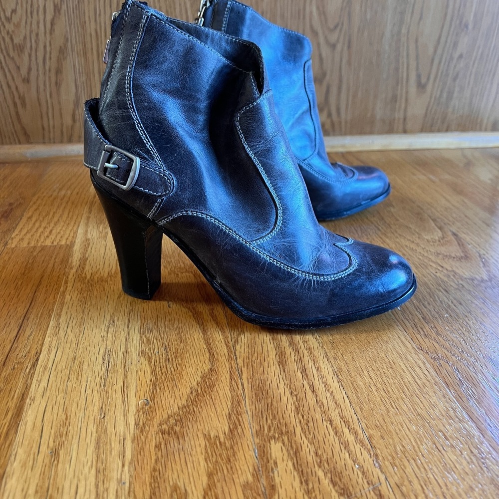 BED STU Womens Leather‎ Ankle Boots Gray Size 36 Y2K Menswear Indie Buckle Heel
